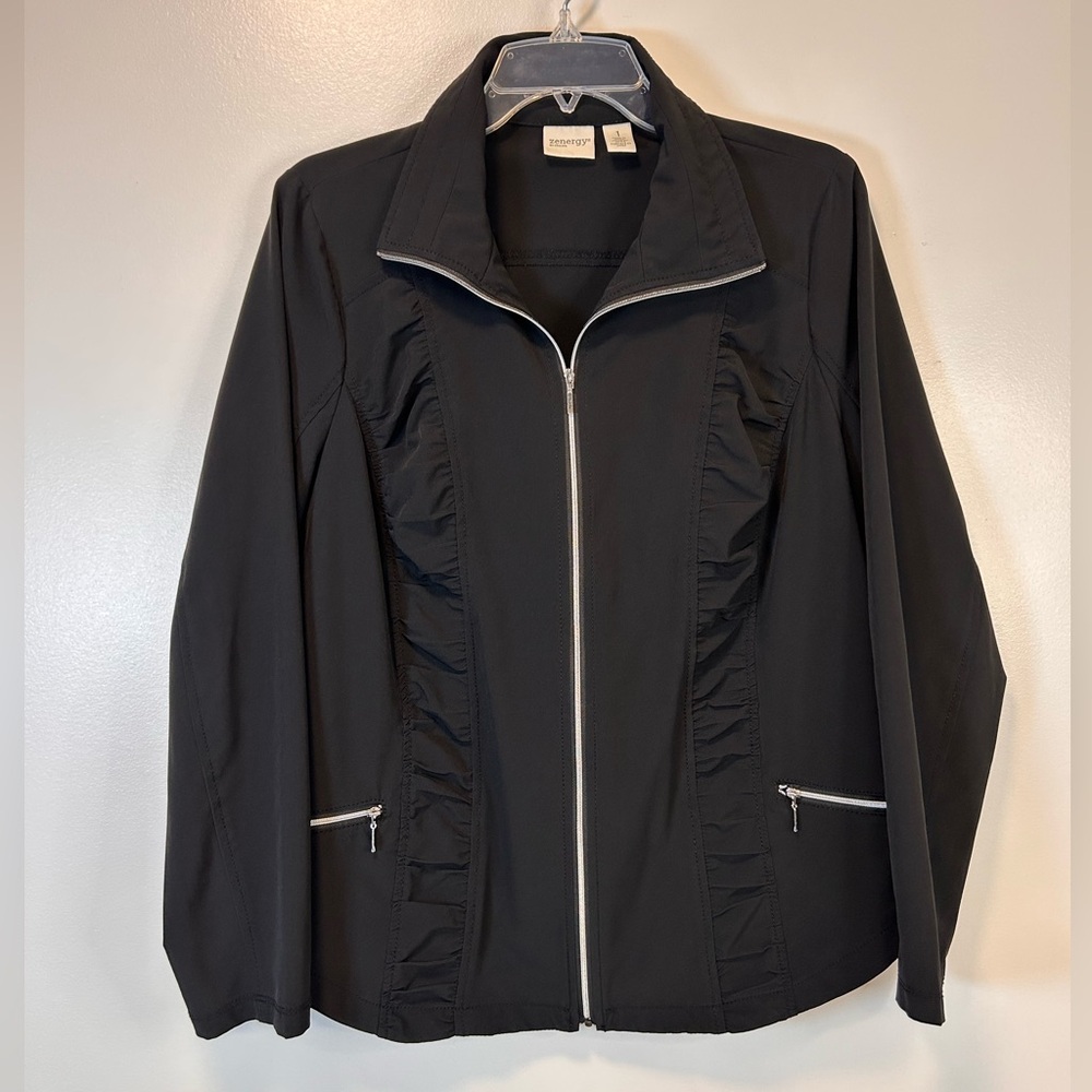 Chico’s Zenergy full-zip black jacket ruched ruffle front Women’s Size 1 Medium